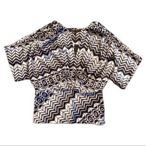 Cynthia Steffe Silky Drape Top Black & Silver Retro Pattern Blouse NWT